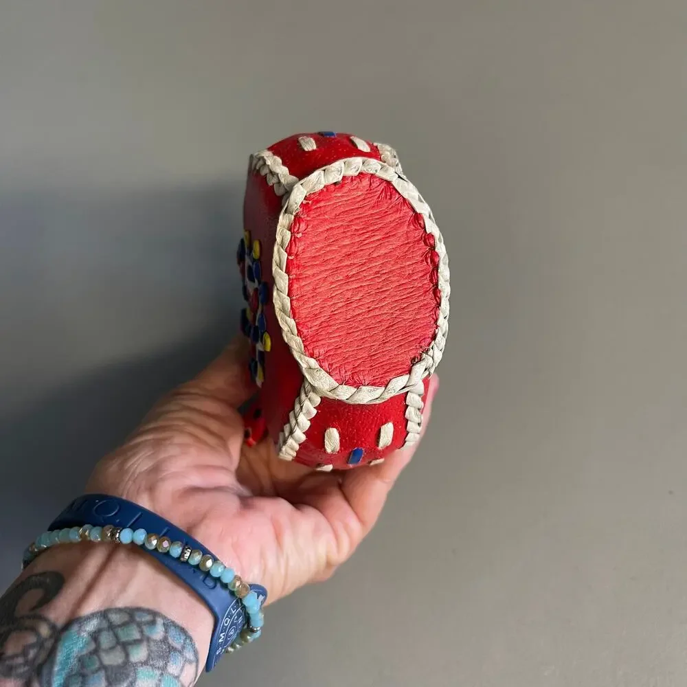 Vintage Genuine Leather Handmade Tribal Red Covered Glass Bottle Canteen Flask